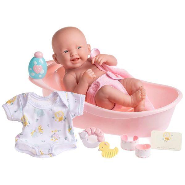 Bebê Recém-Nascido Newborn, Kit de Banho Premium com 8 Itens + Boneca Realista de Vinil 35,56 cm e Acessórios Rosa Impermeáveis, Ideal para Presente