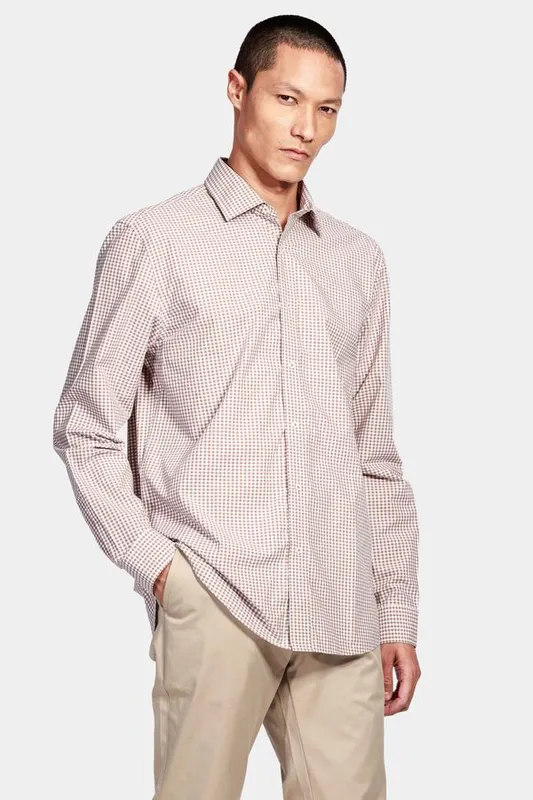 Camisa Manga Longa Regular Xadrez Vichy Branco Com Cáqui - P