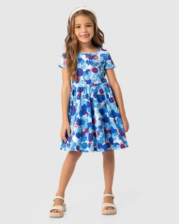 Vestido Menina Poá Floral Em Algodão - Carinhoso Azul - 16