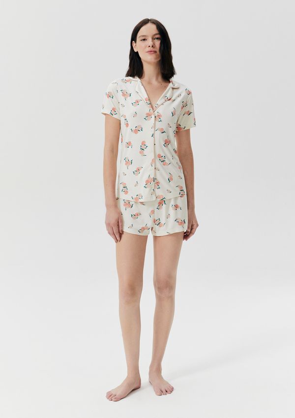 Pijama Curto Feminino Estampado Com Botões - Off white P
