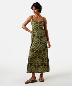 vestido midi feminino de viscose alça fina com fendas folhagens verde M