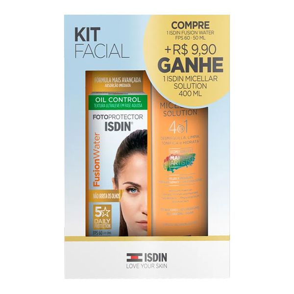 Kit Isdin Protetor Solar Facial FPS 60 Fusion Water Oil Control 50ml + Água Micelar 400ml