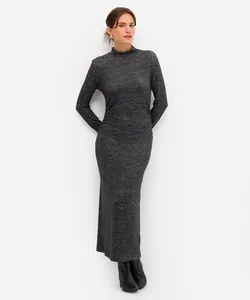 vestido midi feminino de tricot manga longa franzido cinza P