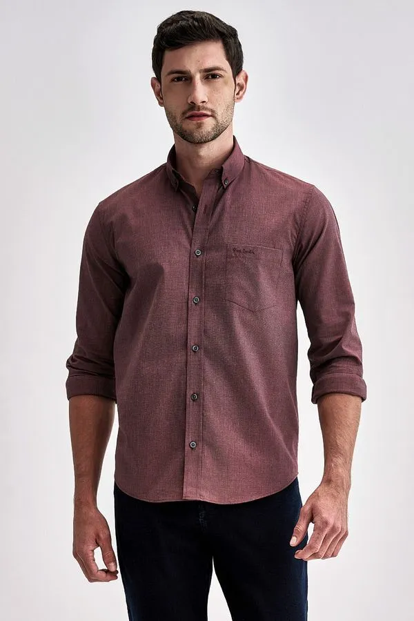Camisa Clássica Manga Longa Falso Liso - Vinho - 5