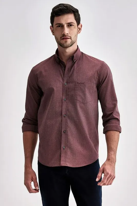 Camisa Clássica Manga Longa Falso Liso - Vinho - 7