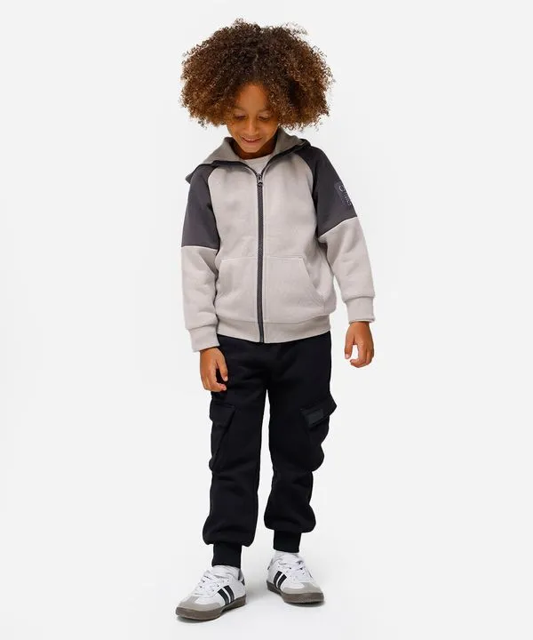 jaqueta infantil de moletom com capuz e bolso bicolor cinza 8