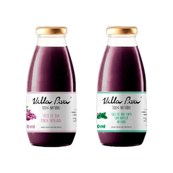 Kit 2 Sucos Integrais Villa Piva 300ml: Uva, Uva com Hortelã
