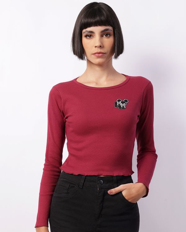 Camiseta Feminina Cropped Disney Mickey E Minnie Canelada Vinho G