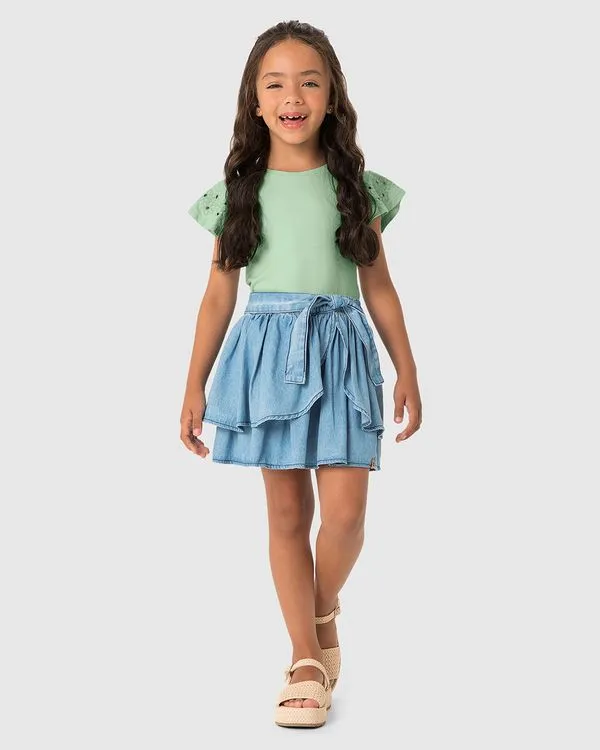 Conjunto Menina Blusa E Saia Faixa Laço Em Jeans Leve - Carinhoso Verde - 10