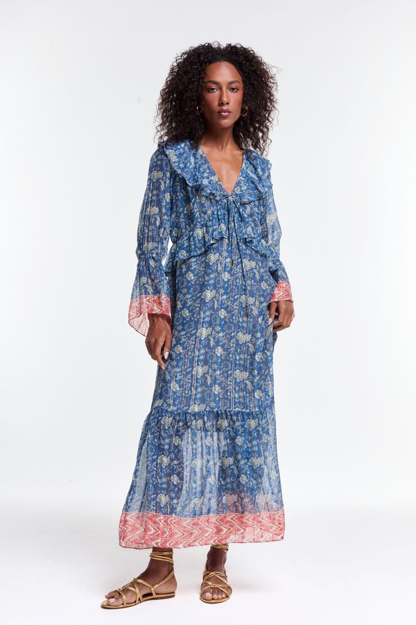 VESTIDO BABADOS ESTAMPA SOLIS LUREX AZUL - 38