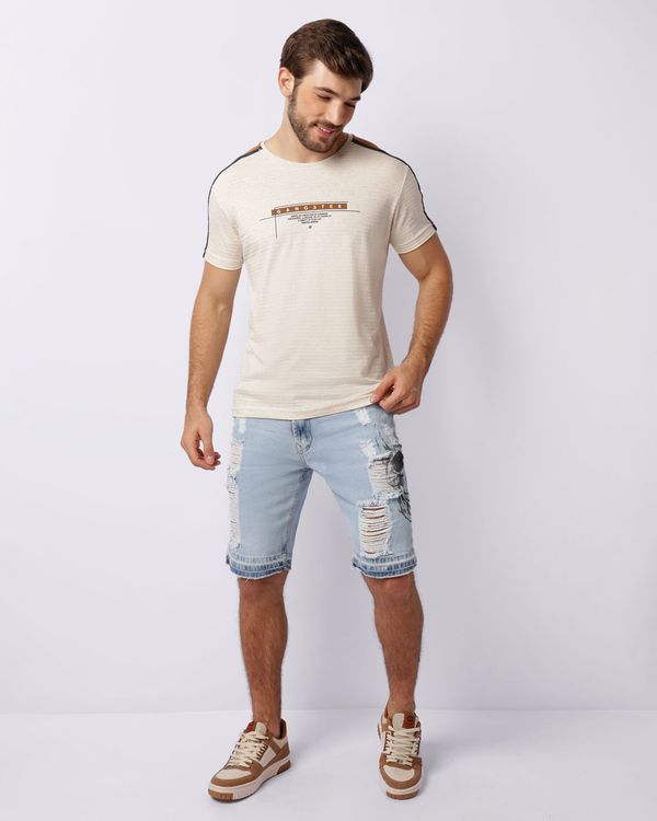 Bermuda Jeans Masculina Reta Destroyed Com Estampa Azul 38