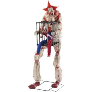 Decoração Halloween Palhaço Max e Pierre Preso na Gaiola 2 metros Boneco Brinquedo Animatronics Eletrônico Com Som Led e Movimentos -