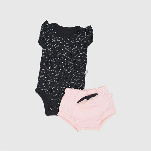 Conjunto Body Preto e Shorts Rosa Estampa Love Baby Gut M