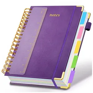 Caderno universitário espiral capa dura GDGDSY B5 8x10, 5 matérias, 300 páginas pautadas, divisórias removíveis, capa couro sintético roxo