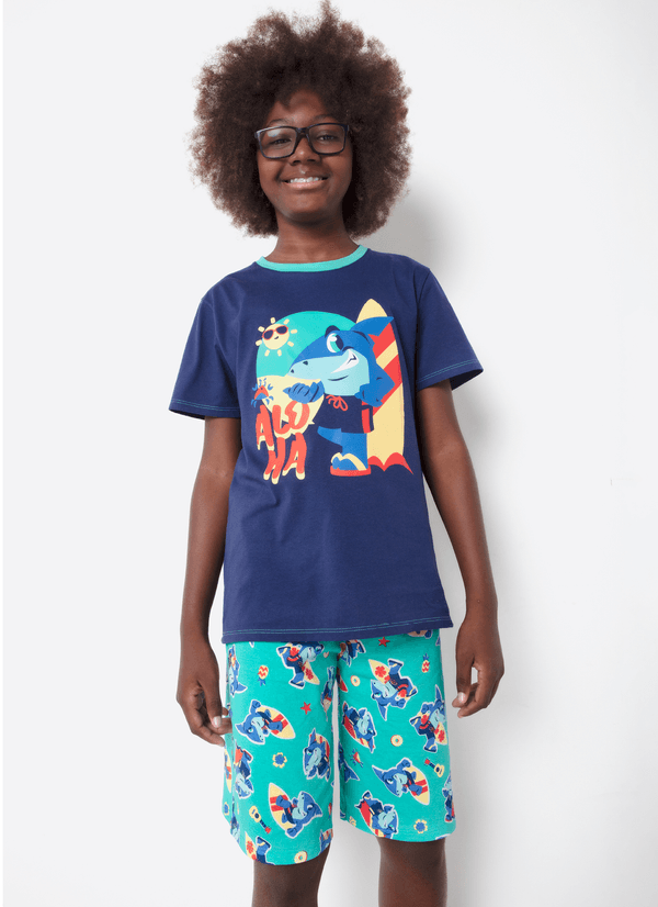 Pijama Manga Curta Algodão Menino Teen Tubarão Aloha 12