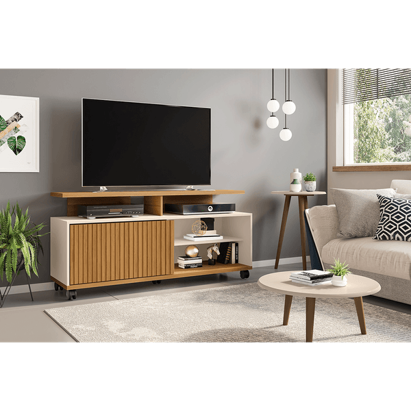 Rack em MDP para TV até 52'', 1 Porta, 1 Prateleira, 5 Rodízios - Topázio Ripado Cinamomo / Off White