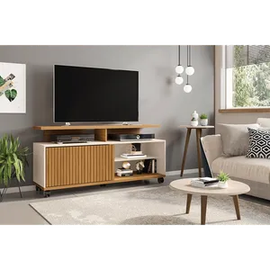Rack em MDP para TV até 52'', 1 Porta, 1 Prateleira, 5 Rodízios - Topázio Ripado Cinamomo / Off White