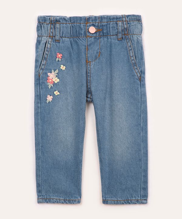 calça jeans infantil bordado de flores azul claro 6-9
