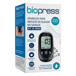 Kit Aparelho para Medição de Glicose Biopress + 10 Tiras Reagentes + 10 Lancetas + Lancetador + Estojo para Transporte
