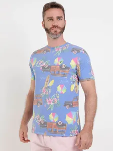 Camiseta Manga Curta Estampada Masculina Azul G