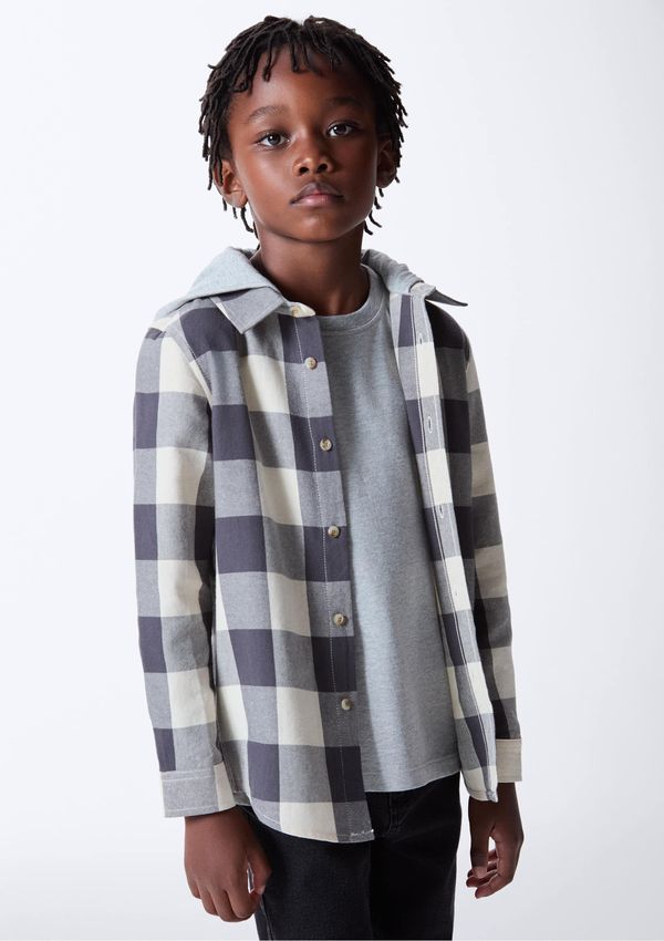 Camisa Infantil Menino Fio Tinto Xadrez Com Capuz - Cinza 005