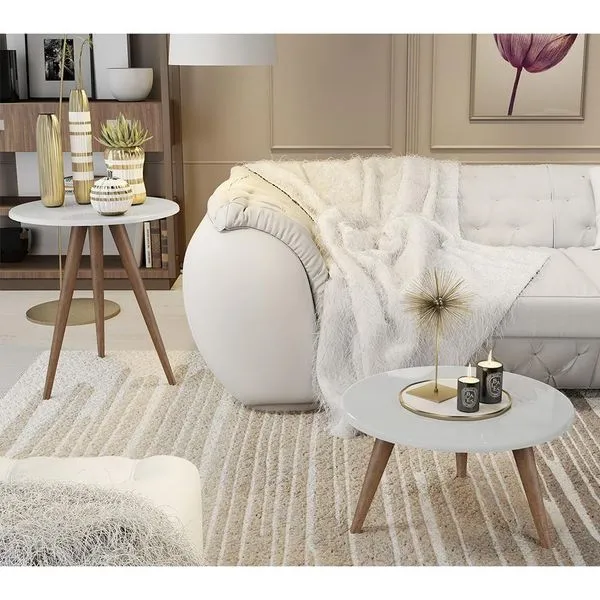 Conjunto 2 Mesas Retrô Natália - Pés Palito Lateral Apoio Mdf Mdp Branco - J3 Móveis
