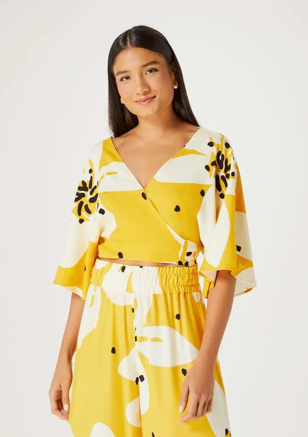 Blusa Cropped Feminina Estampada - Amarelo XP