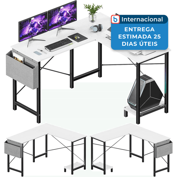 Mesa Gamer Em Formato De L Sweetcrispy De Canto Com Bolsa Lateral Branco A-MBI