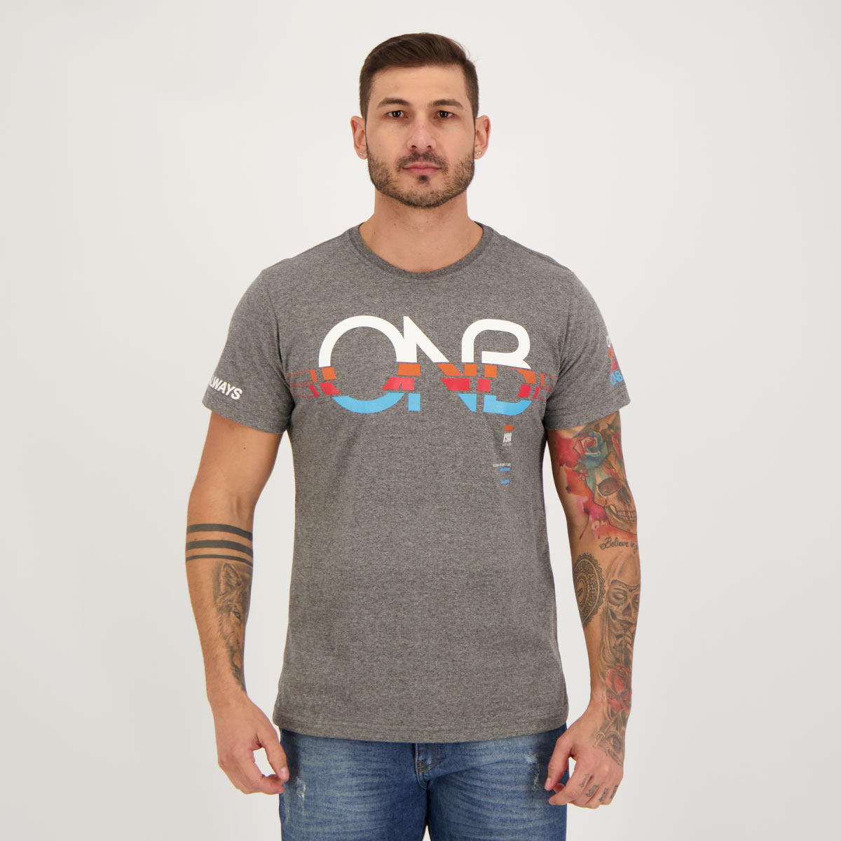 Camiseta Onbongo Back Letters Cinza Mescla