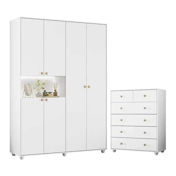 Jogo De Quarto Vittoria Com Guarda Roupa E Cômoda Branco - Móveis Albatroz Branco