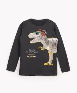 camiseta infantil de algodão manga longa dinossauro cinza escuro 10