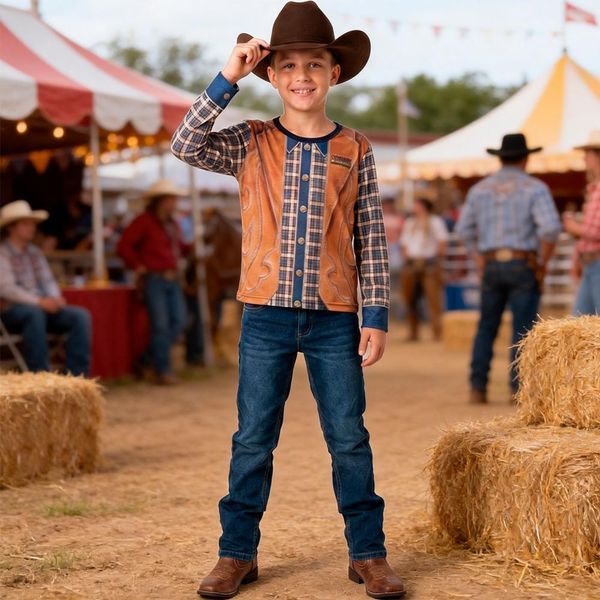 Camisa Festa Junina Infantil para Menino Roupa Country Manga Longa Xadrez M / Marrom