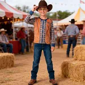 Camisa Festa Junina Infantil para Menino Roupa Country Manga Longa Xadrez M / Marrom