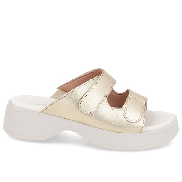 Tamanco Salto Plataforma Couro Dourado Fecho-Flex 38