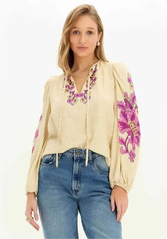 Blusa Manga Longa Com Estampa Local Rosa GG