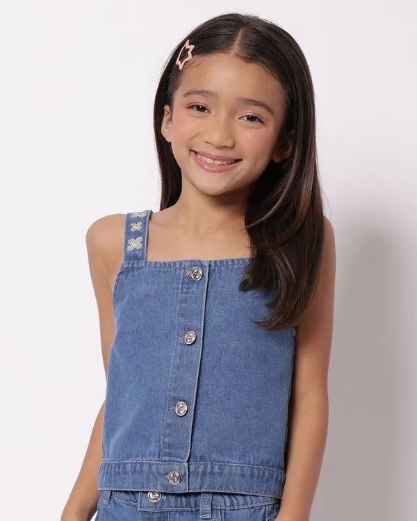 Regata Jeans Infantil Cropped Bordado Floral Azul 6
