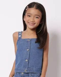 Regata Jeans Infantil Cropped Bordado Floral Azul 6