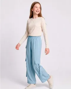 Calça Juvenil Reta Bolsos Cargo Azul 16