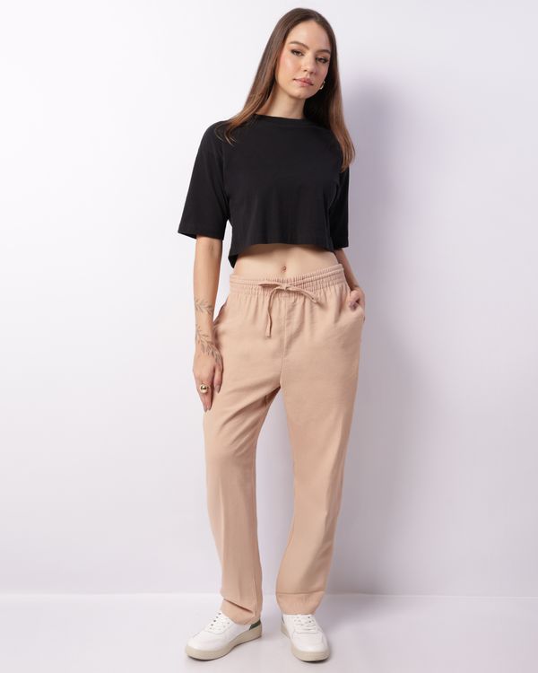 Calça Feminina Poliviscose Reta Com Bolsos Cordão Bege 38
