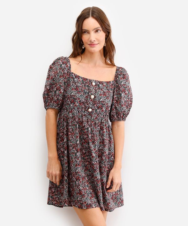 vestido curto feminino de algodão floral manga bufante verde PP