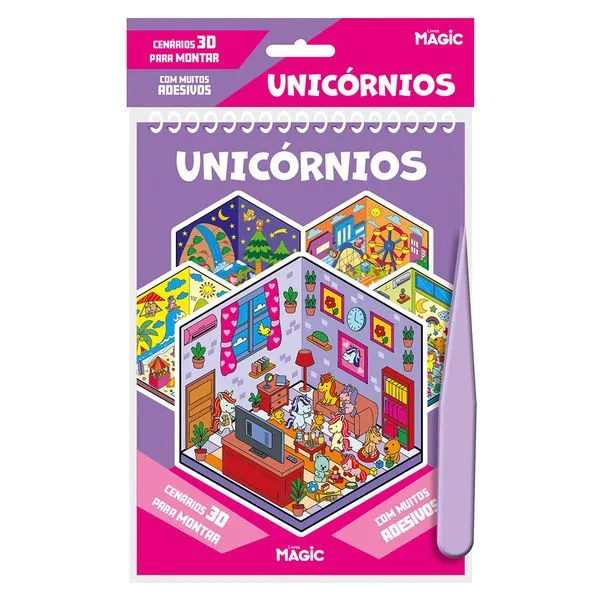Livro Cenário 3D Unicórnios Com Adesivos 22480 - Magic