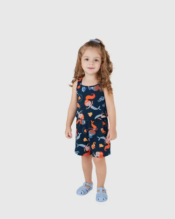 Macaquinho Infantil Menina Alças Elástico Em Algodão Malwee Kids Azul - 8