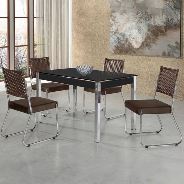Mesa de Jantar Aço Nobre Claudia com Tampo Kanon e 4 Cadeiras Chocolate/Preto/Marrom