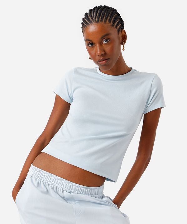 camiseta básica feminina de algodão peruano manga curta azul P