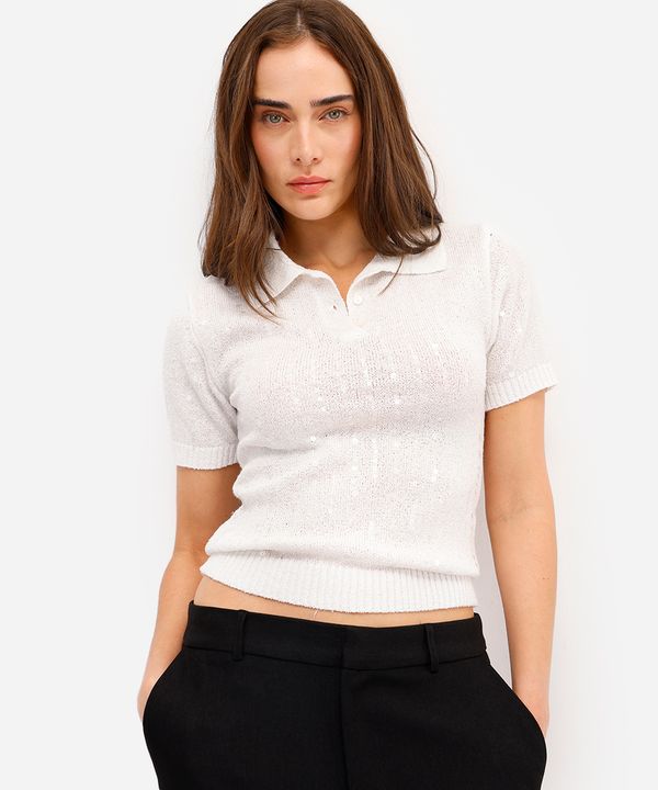 polo feminina de tricot com paetê off white P