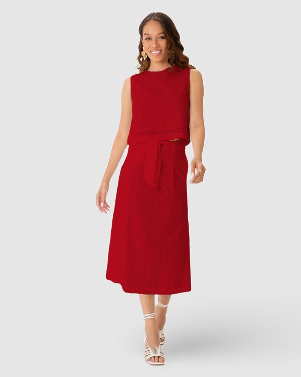 Saia Midi Feminina Evasê Com Cinto Em Laise Algodão Vermelho - M