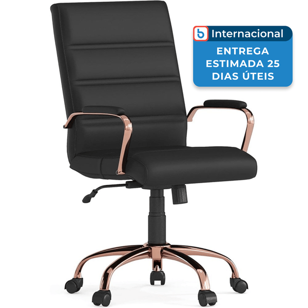 Cadeira De Escritório De Couro Com Encosto Médio Flash Preto Rose Dourado A-MBI