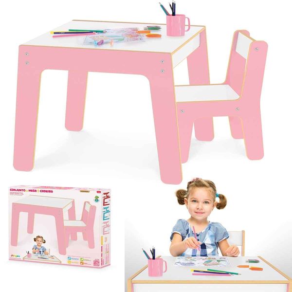 Mesa Mesinha Infantil De Madeira Com Cadeira Cadeirinha Junges Várias Cores Crianças Até 40Kg Rosa