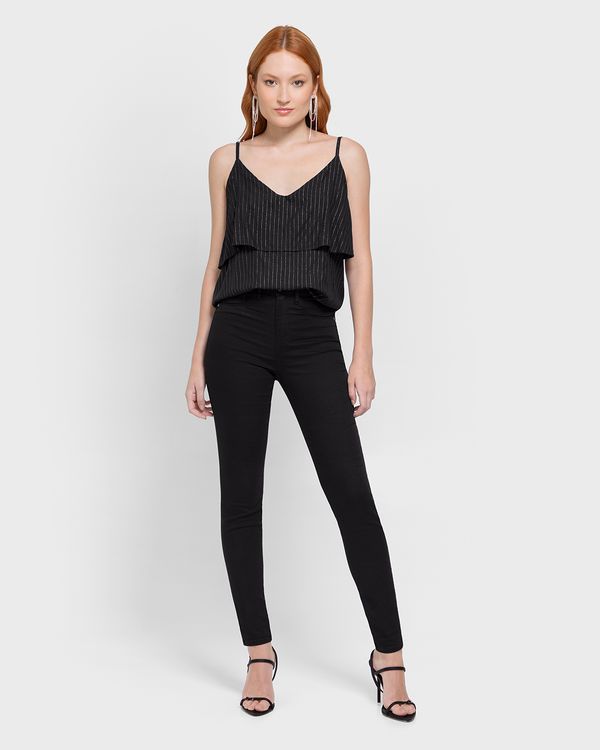 Regata Feminina Evasê Alça Fina E Camadas Em Viscose Lurex - ENFIM Preto - M