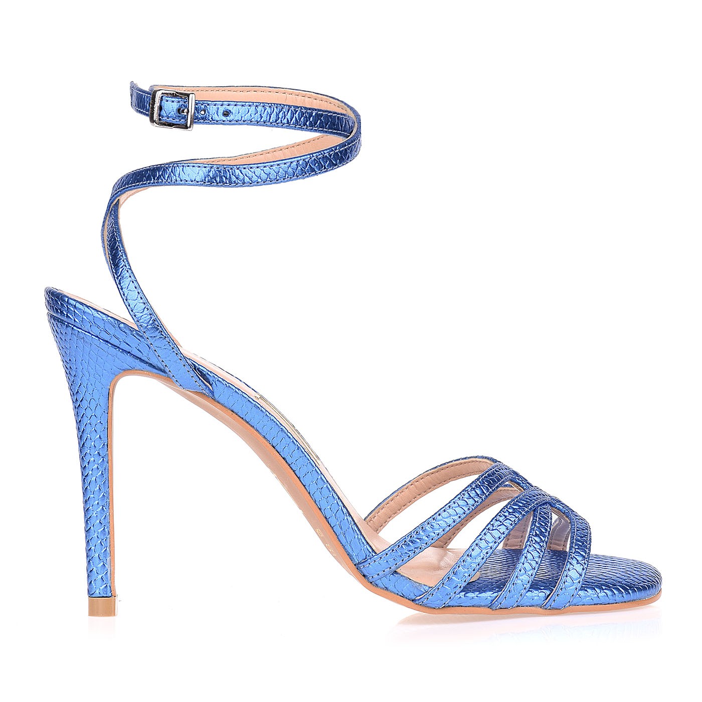Sandália Salto Alto Snake Metal Denim